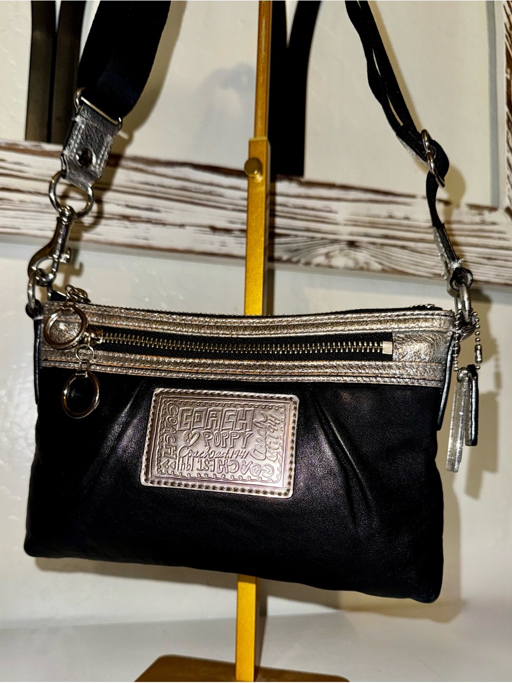 Coach Black Silver Poppy Leather Crossbody Bag